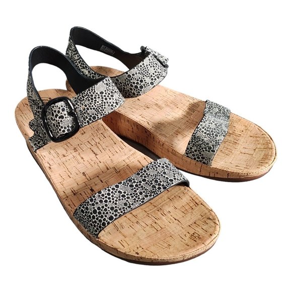 Fitflop Sandals Black White 10 Leather Open Toe Ankle Strap Cork Platform Wedge - Picture 1 of 8